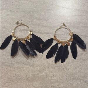 Gold and Black Feather Hoop Earrings Statement Jewelry